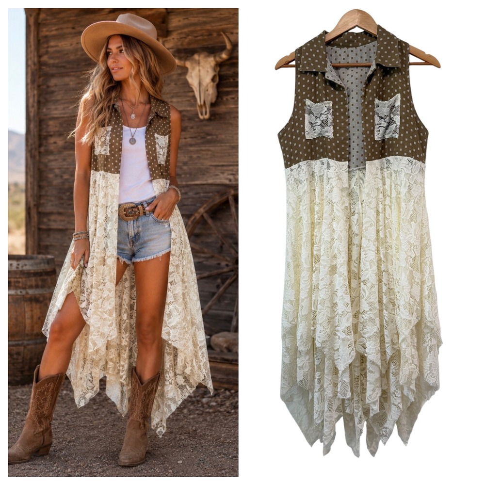 Bohemian Lace Open Duster Vest M Square Dot Pockets Western Handkerchief Hem USA